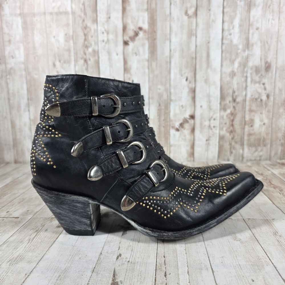Old Gringo Womens Black Leather Studded Buckle Snip Toe Western Ankle Boots 8 B